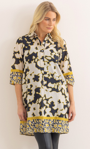 Printed Cotton Tunic Top - Black/Mustard