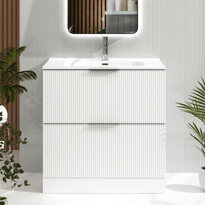 Evora 800mm Matt White Fluted Floor Standing Vanity Unit 2 Drawer with Ceramic Basin