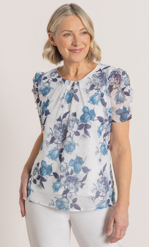 Anna Rose Bias Cut Bouquet Shimmer Top - Ivory Multi