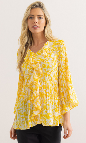 Floral Print Pleated Ruffle Top - Sunflower