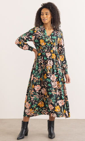 Bouquet Printed Long Sleeve Midaxi Dress - Black/Orange/Green