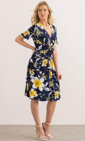 Textured Floral Print Jersey Twist Dress - Midnight/Sunflower