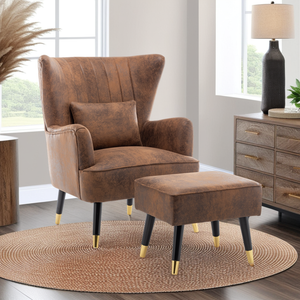 Faux Leather Suede Brown Camila Accent Chair with Footstool
