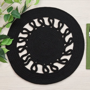 Set of Two Round Woven Black Fabric Placemats With Cut-out Detail