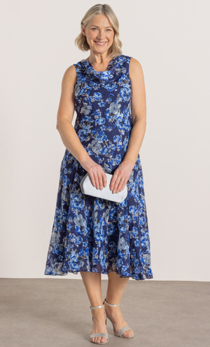 Anna Rose Bias Cut Floral Print Dress - Midnight/Indigo
