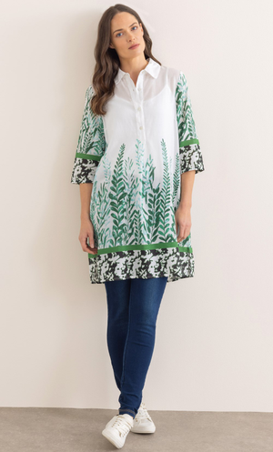 Border Printed Cotton Tunic Top - Green/White