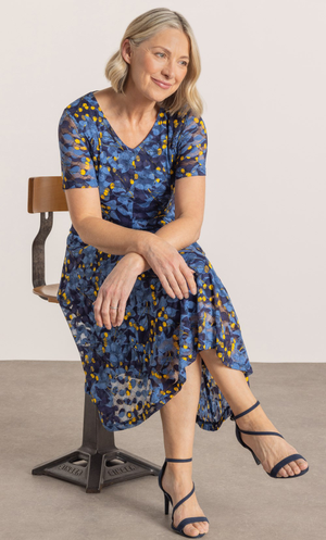 Anna Rose Printed Mesh Lace Dress - Navy/Yellow