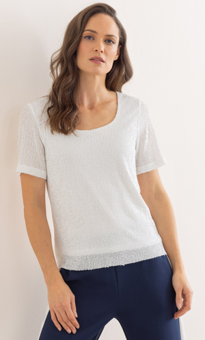 Sequin Short Sleeve Mesh Top - Ivory