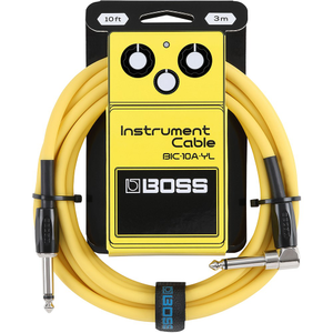 Boss BIC10A Right-Angle 1/4" to Straight 1/4" Instrument Cable - 10ft (Yellow)