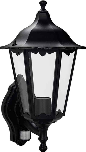 6 Sided Coach Lantern External Wall Light - 60w - PIR Sensor - IP44 & IK06 - Black