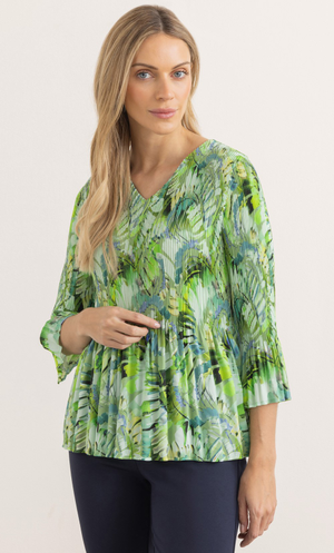 Three Quarter Sleeve Printed Pleat Top - Greens