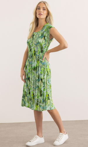 Botanical Print Pleated Dress - Greens