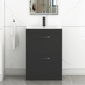 Turin 600mm Floor Standing Vanity Unit Matt Black 2 Drawer Minimalist Basin with Matt Black Handles
