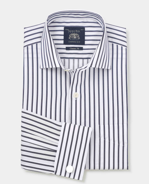 Navy Cotton Classic Fit Striped Formal Shirt - Double Cuff [RTC]