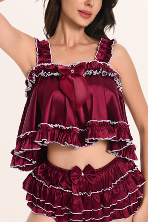 Sissy Satin Ruffled Edge Cami Top - Wine Red