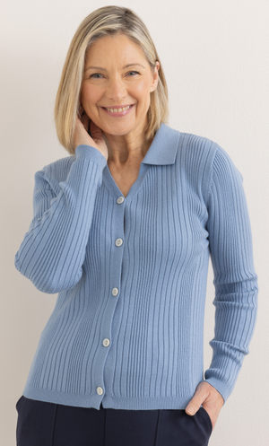Anna Rose Rib Knit Button Top - Blue