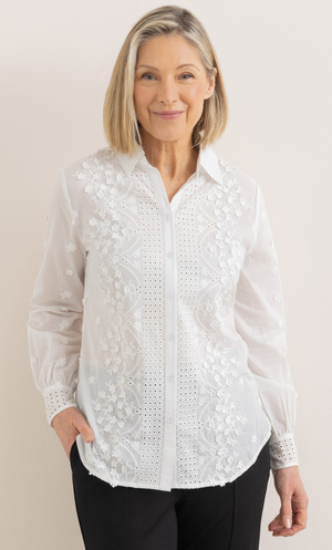 Anna Rose Embroidered Applique Cotton Blouse - White