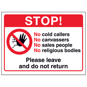 Stop! No Cold Callers or Canvassers - Window Sticker - 150x100mm