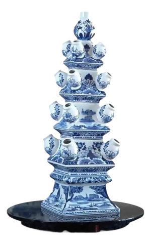 Contemporary Pagoda Form Tulipiere Vase Blue and White Chinoiserie Decorative Centerpiece