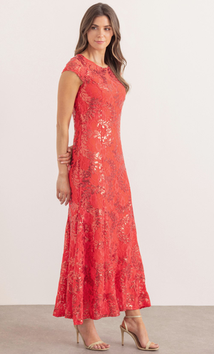 Sequinned Lace Maxi Dress - Red/Coral