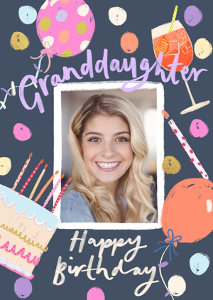 Photo Upload Granddaughter Birthday Card with Balloons and Cake Illustration