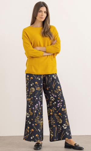 Wide Leg Botanical Print Trousers - Black