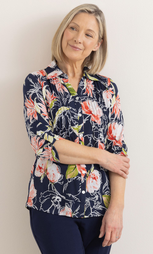 Anna Rose Textured Bouquet Blouse - Navy/Coral/Multi