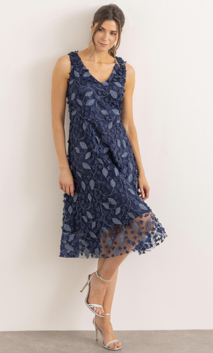 Sleeveless Floral Applique Shimmer Mesh Dress - Navy