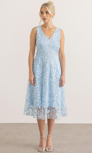 Sleeveless Floral Applique Shimmer Mesh Dress - Pale Blue