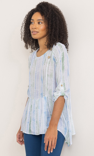 Printed Dip Hem Tunic Top - White/Green/Blue