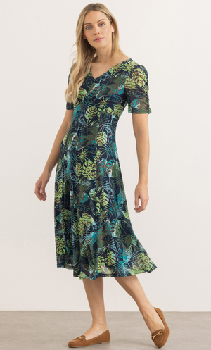 Leaf Print Panelled Mesh Dress - Navy/Green