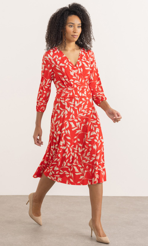 Leaf Printed Wrap Jersey Dress - Red