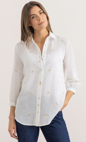 Embroidered Linen Look Blouse - White/Lt Gold