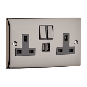 Double Plug Socket - 2 USB Ports - Black Nickel