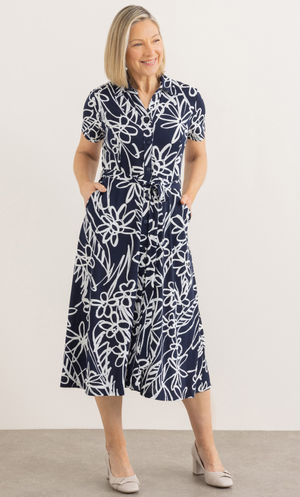 Anna Rose Textured Flower Print Jersey Shirt Dress - Navy/Ivory