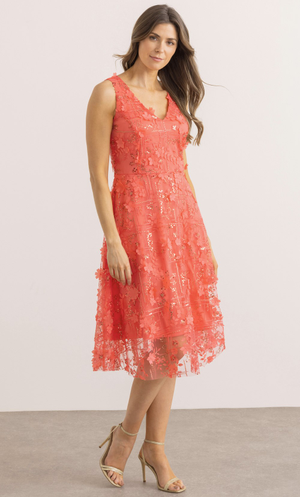 Sleeveless Applique Shimmer Dress - Coral
