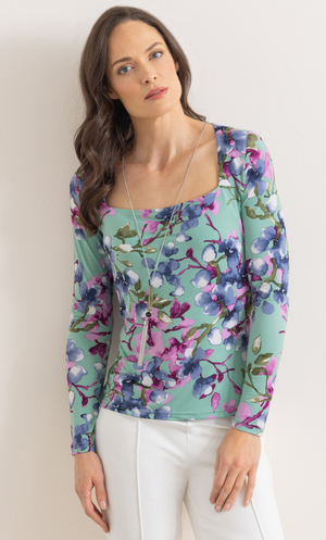 Floral Print Square Neck Top With Necklace - Sage/Multi