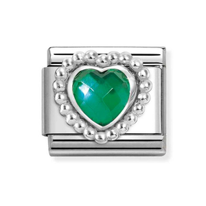 Classic Silver Beaded Faceted Green Heart Charm