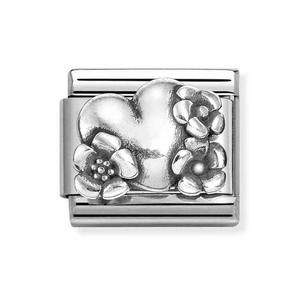 Classic Silver Oxidised Heart with Flowers Charm