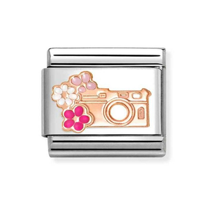 Classic Rose Gold Camera with Flowers Charm