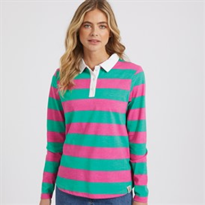 Lagooners Womens Heritage Long Sleeve Polo Shirt T-Shirt Bright Pink/Green