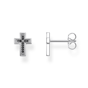 Silver Black Cross Stud Earrings
