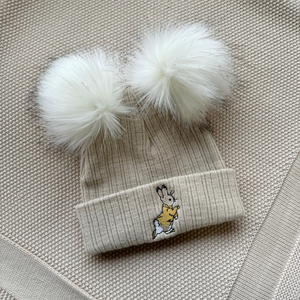 Taupe Rabbit Ribbed Double Fur Pom Hat