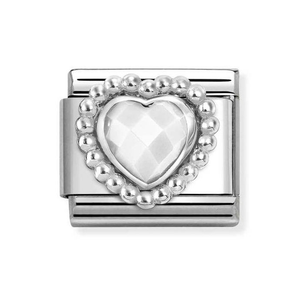 Classic Silver Beaded Faceted White Opal Heart Charm