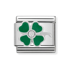 Classic Silver CZ & Green Four-Leaf Clover Charm