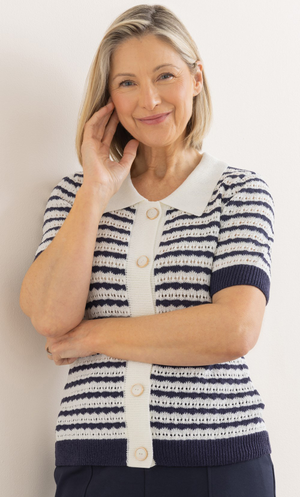 Anna Rose Stripe Crochet Knit Cardigan - Navy/White