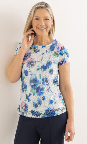 Anna Rose Printed Lace And Jersey Top - White/Multi