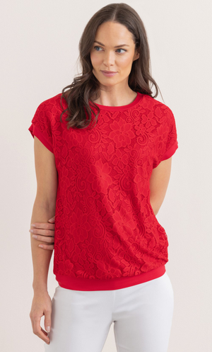 Lace And Jersey Short Sleeve Top - Red