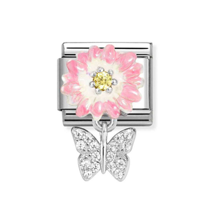 Classic Silver Pink Flower Pendant Butterfly Charm