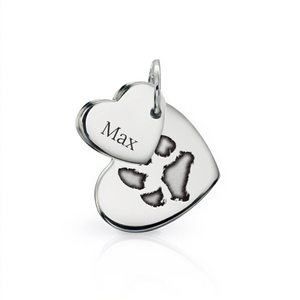 Signature Silver Double Heart Tag Paw Print Engraving Charm